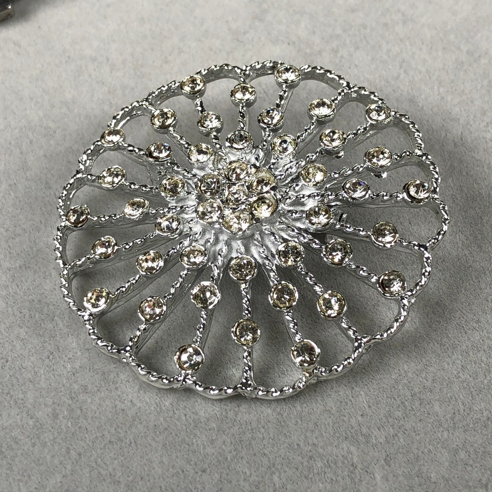 Vintage Brooch Pin 3pc‎ Lot Blue Clear Rhinestone Crystals Silver Tone MCM - Picture 6 of 15